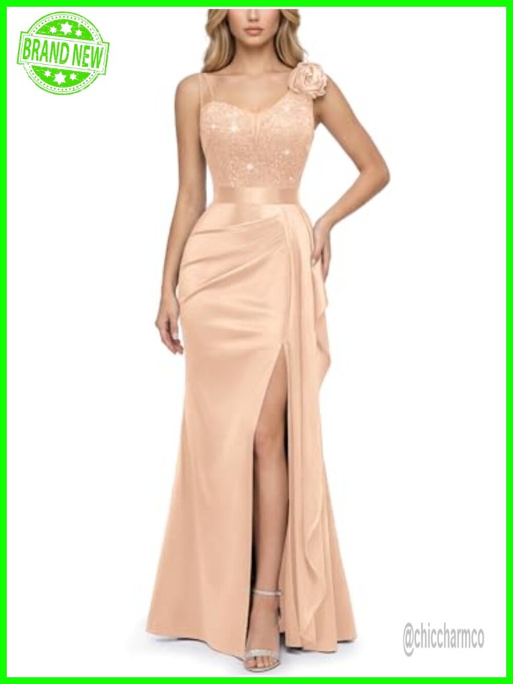 Sequin Satin V-Neck Bodycon Maxi Dress